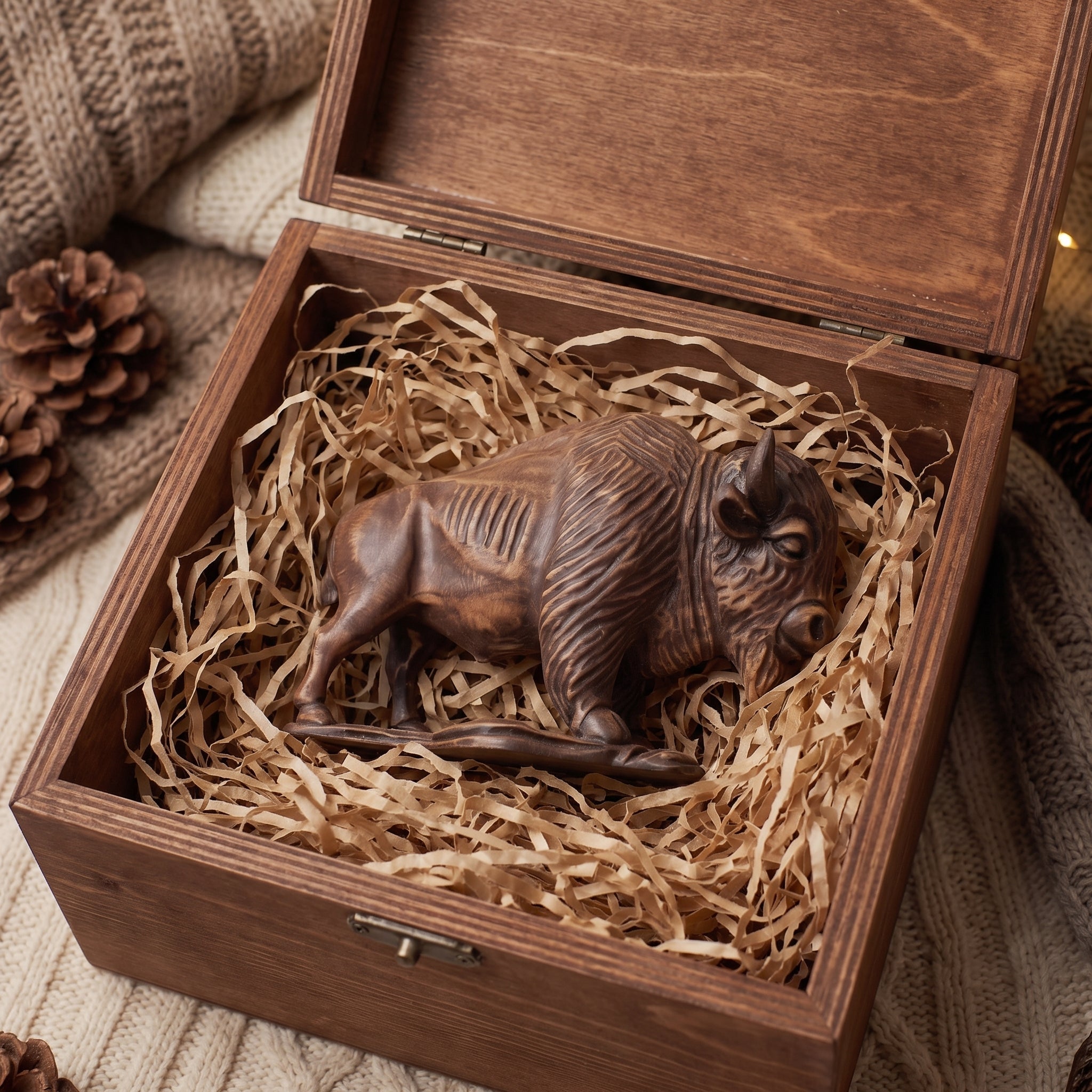 Bison Figurine - Hand-carved Wooden Animal Figurine