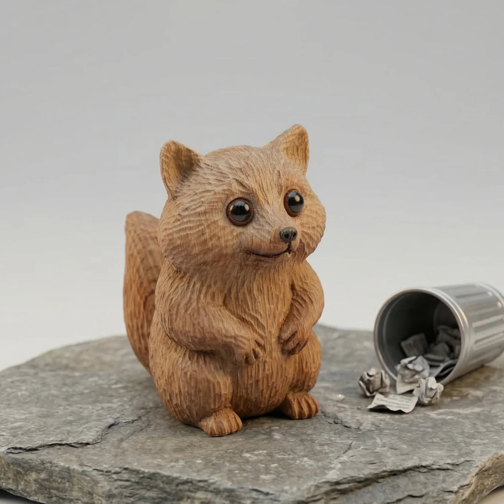 Raccoon Figurine - Hand-carved Wooden Animal Figurine