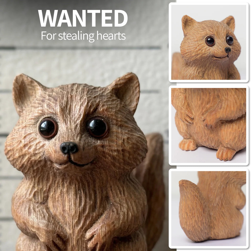 Raccoon Figurine - Hand-carved Wooden Animal Figurine