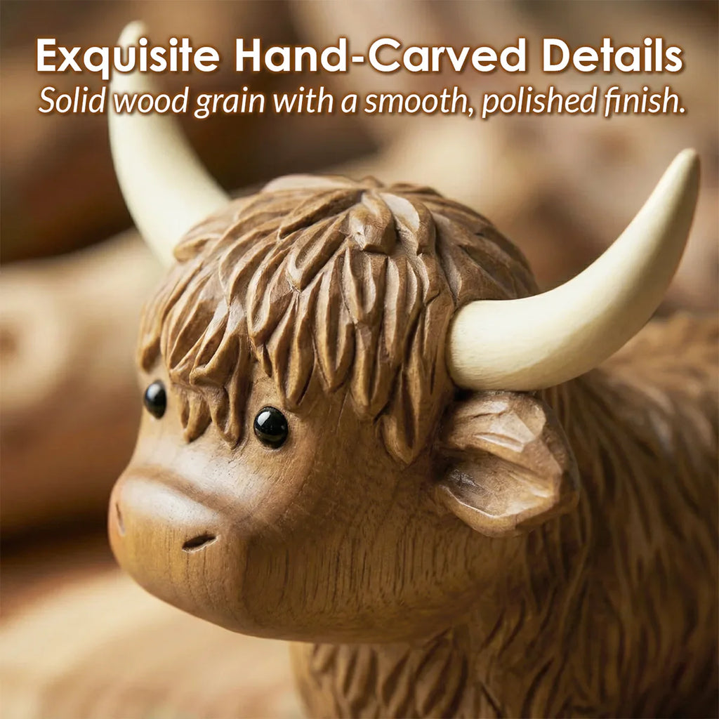 Highland Cow Figurine - Hand-carved Wooden Animal Figurine