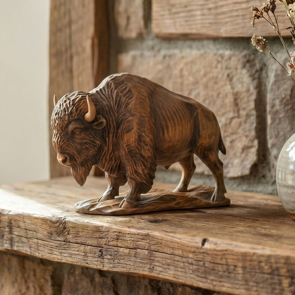 Bison Figurine - Hand-carved Wooden Animal Figurine