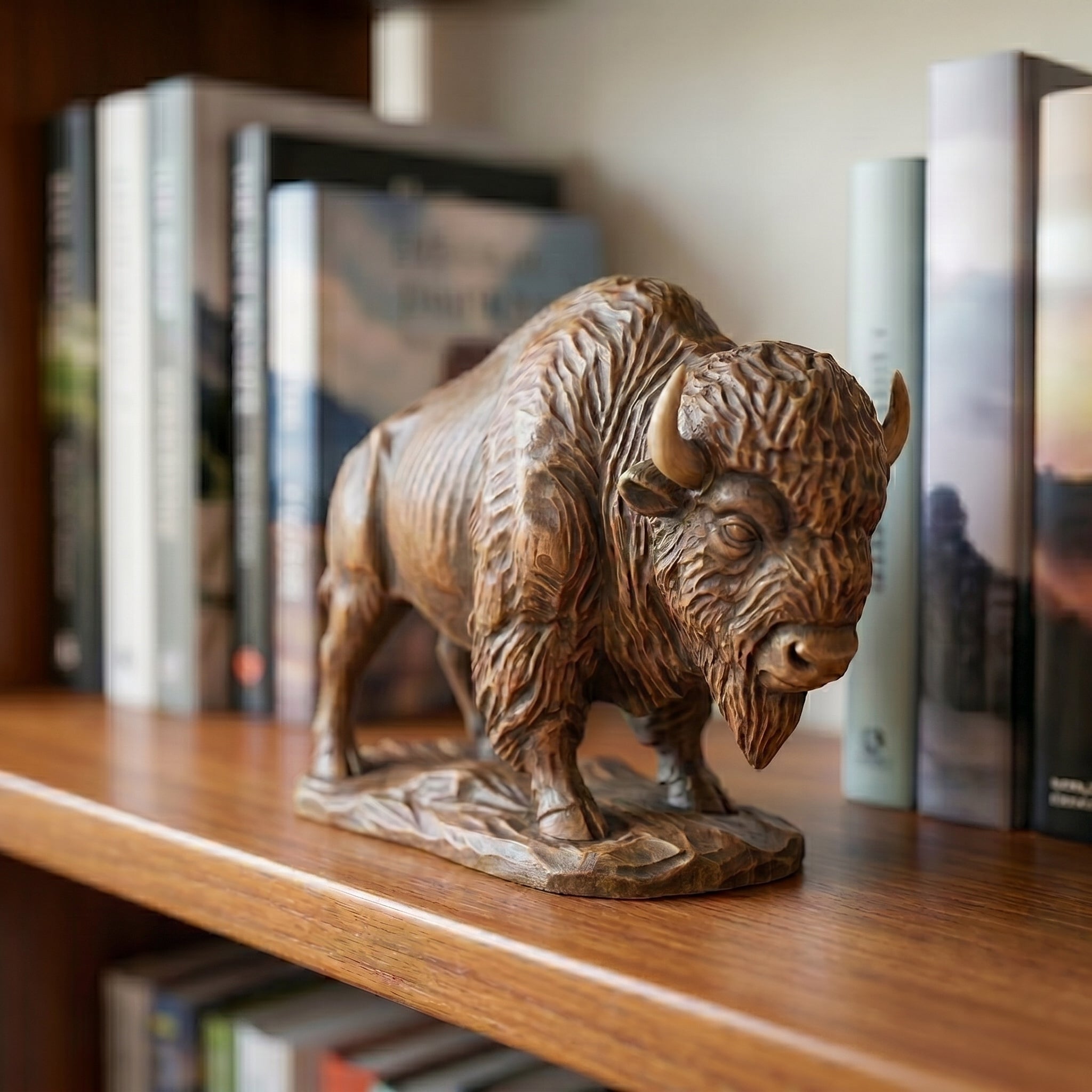 Bison Figurine - Hand-carved Wooden Animal Figurine